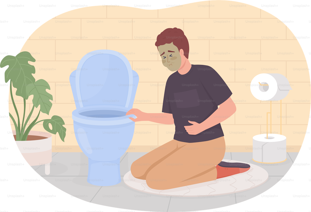 Man with nausea near toilet bowl 2D vector isolated illustration. Stomach disease. Sick flat character on cartoon background. Health colourful editable scene for mobile, website, presentation