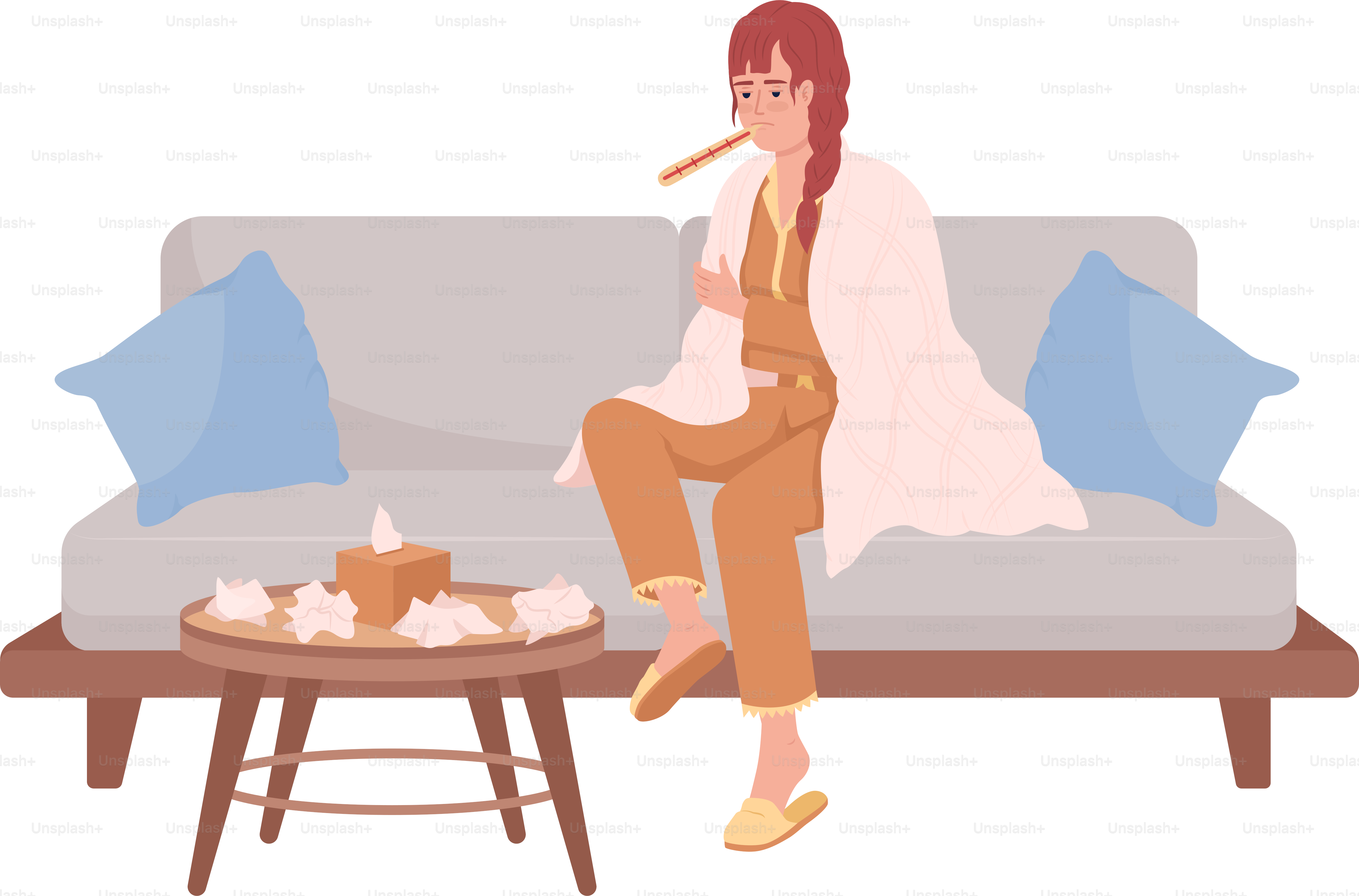 Woman suffering from cold semi flat color vector character. High temperature. Editable figure. Full body person on white. Illness simple cartoon style illustration for web graphic design and animation