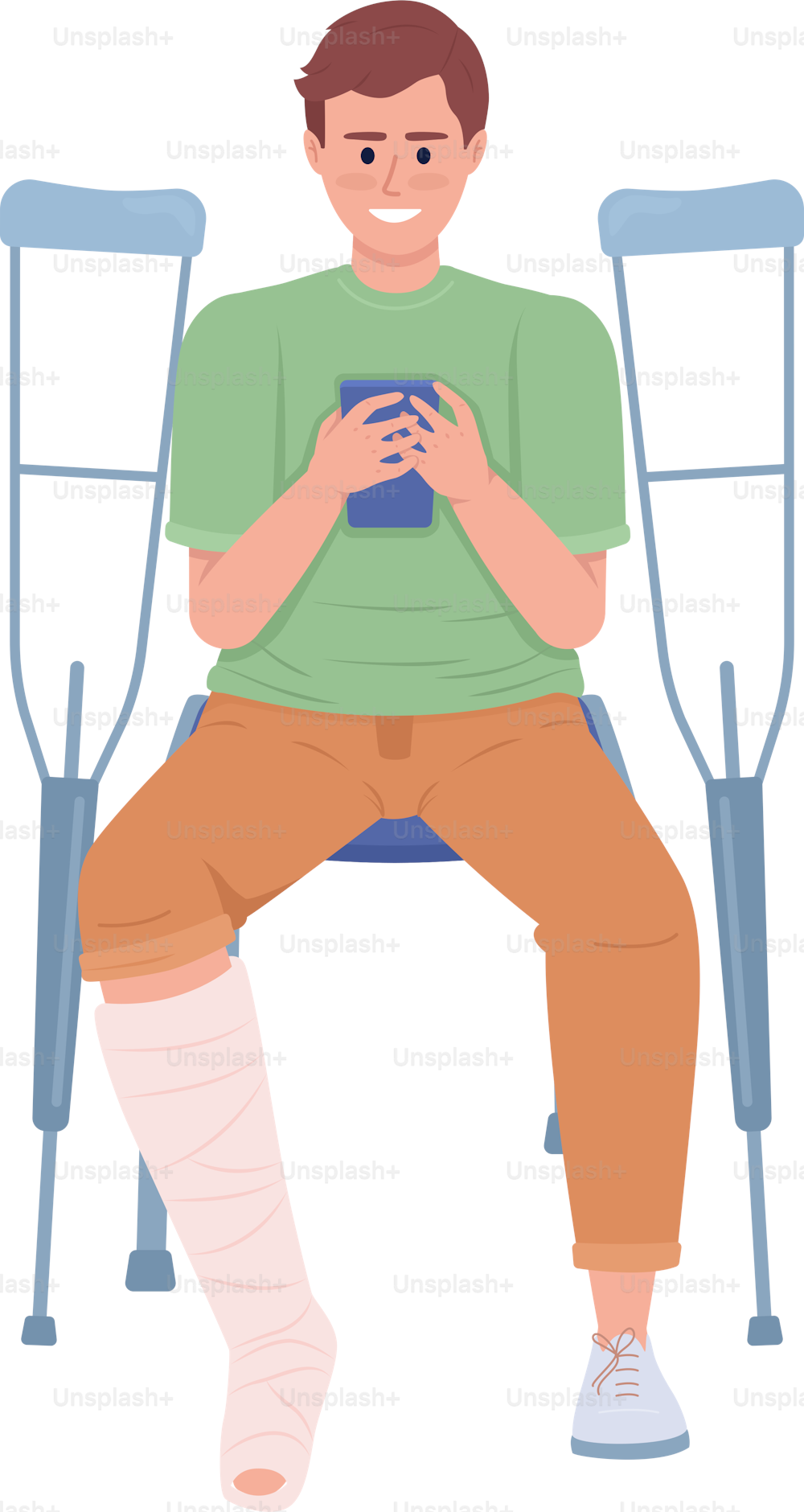 Man with broken leg looking at phone semi flat color vector character. Editable figure. Full body person on white. Traumatology simple cartoon style illustration for web graphic design and animation
