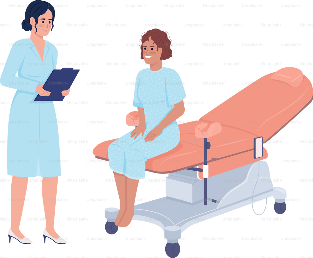 Patient at gynecologist consultation semi flat color vector characters. Editable figures. Full body people on white. Simple cartoon style illustrations for web graphic design and animation