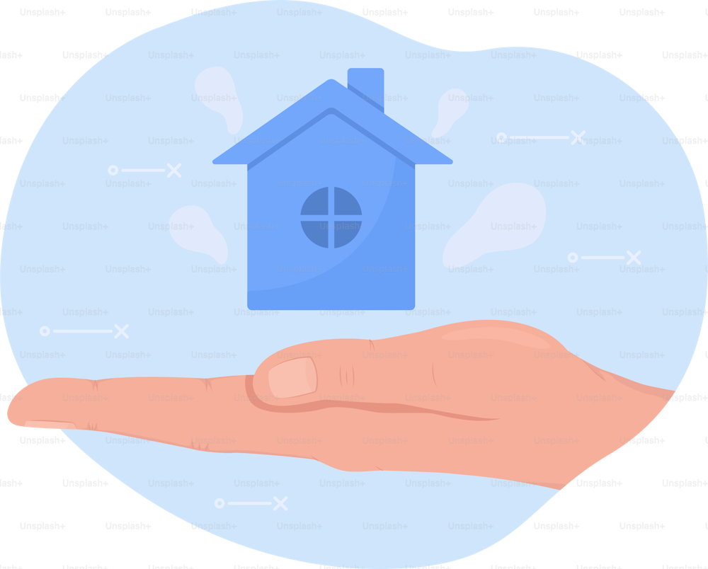 Real estate offer 2D vector isolated illustration. Holding house on straight palm flat hand gesture on cartoon background. Provide dwelling colourful editable scene for mobile, website, presentation