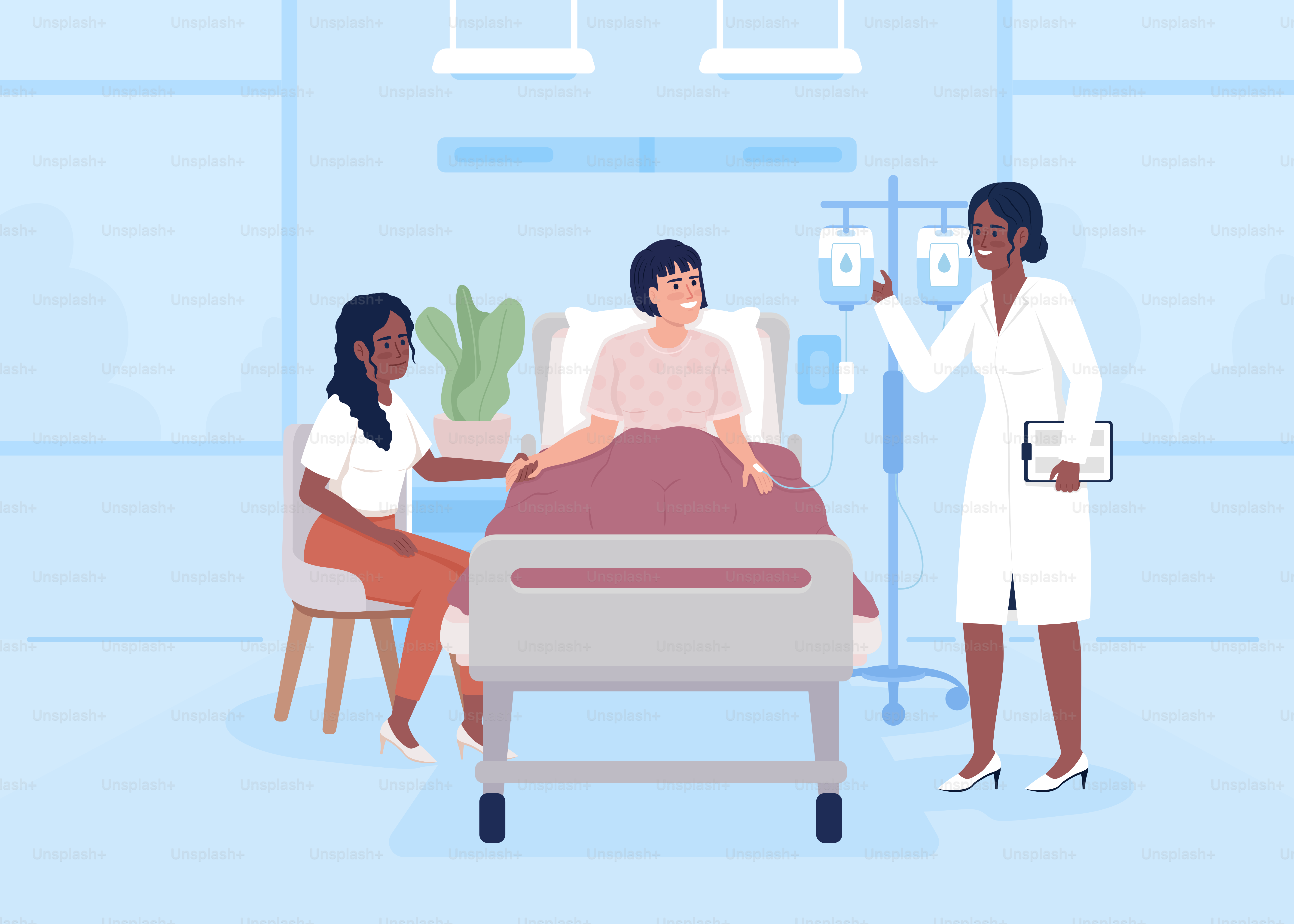 Therapist visiting sick woman in ward flat color vector illustration. Hospital treatment. Patient care. Fully editable 2D simple cartoon characters with clinic interior on background