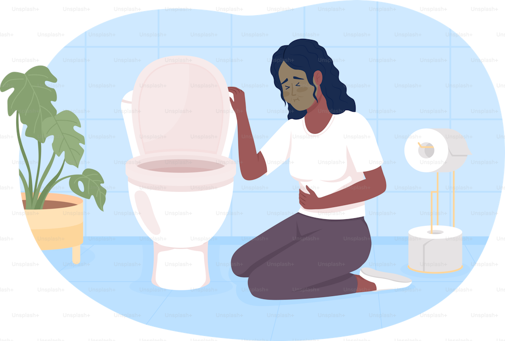Woman suffering from nausea in bathroom 2D vector isolated illustration. Gut infection flat character on cartoon background. Sickness colourful editable scene for mobile, website, presentation