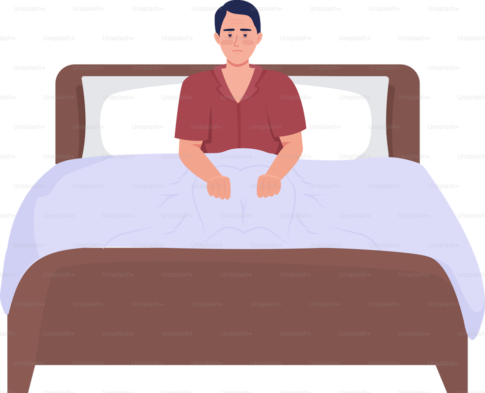 Sad man with sleep disorder semi flat color vector character. Editable figure. Full body person on white. Sleepiness simple cartoon style illustration for web graphic design and animation
