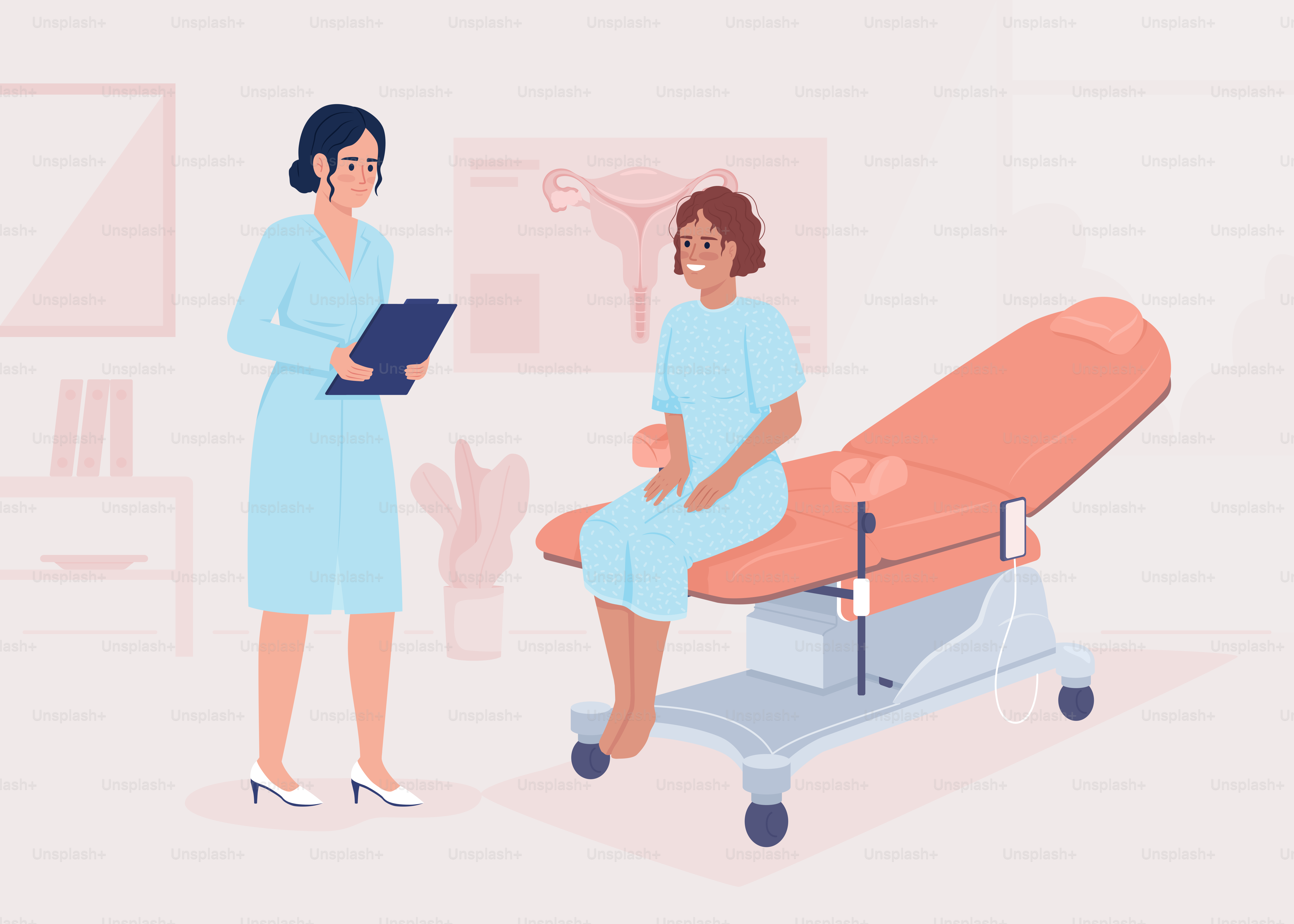 Frau besucht Gynäkologin – Illustration eines flachfarbigen Vektors. Arzttermin. Frauengesundheit. Patientenuntersuchung. Vollständig editierbare, einfache 2D-Cartoonfiguren mit Krankenhaus im Hintergrund
