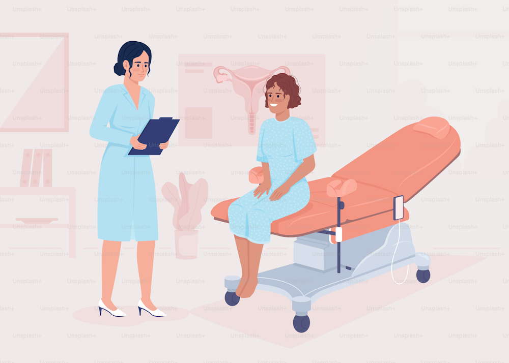 Woman visiting gynecologist flat color vector illustration. Doctor appointment. Female health. Patient examination. Fully editable 2D simple cartoon characters with hospital on background