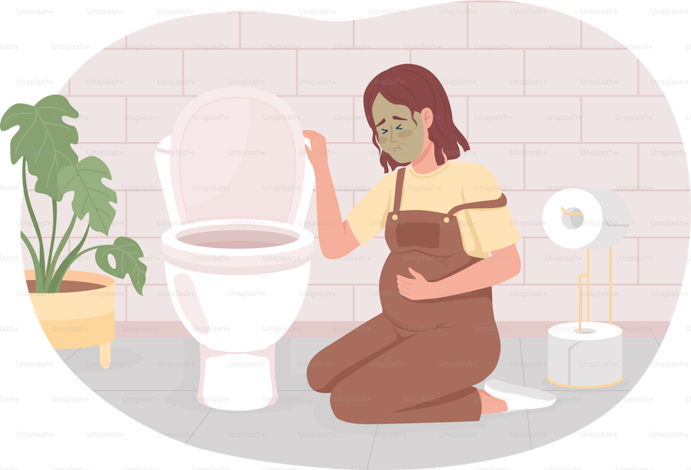 Pregnant woman with nausea in restroom 2D vector isolated illustration. Prenatal problem flat character on cartoon background. Pregnancy colourful editable scene for mobile, website, presentation