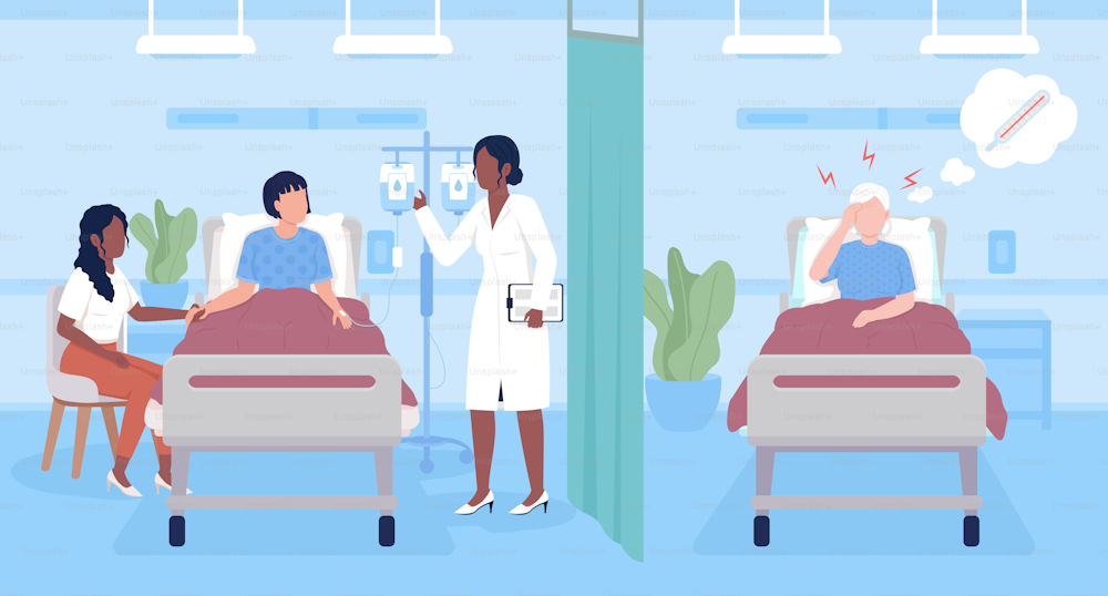 Doctor visiting patients at hospital flat color vector illustration. Healthcare service. Treatment process. Fully editable 2D simple cartoon characters with clinic ward on background