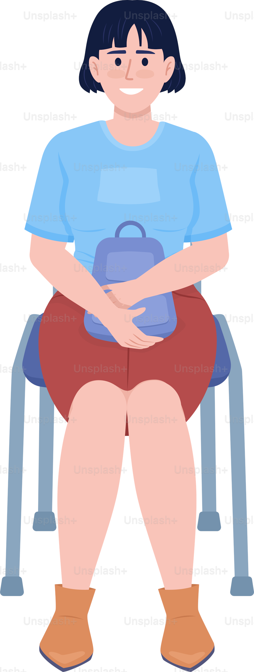 Woman with backpack sitting on chair semi flat color vector character. Editable figure. Full body person on white. Student simple cartoon style illustration for web graphic design and animation