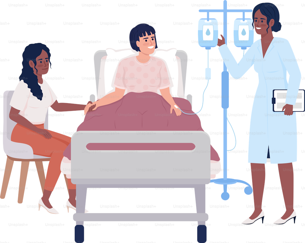 Doctor visiting patient during recovery semi flat color vector characters. Editable figures. Full body people on white. Health simple cartoon style illustrations for web graphic design and animation