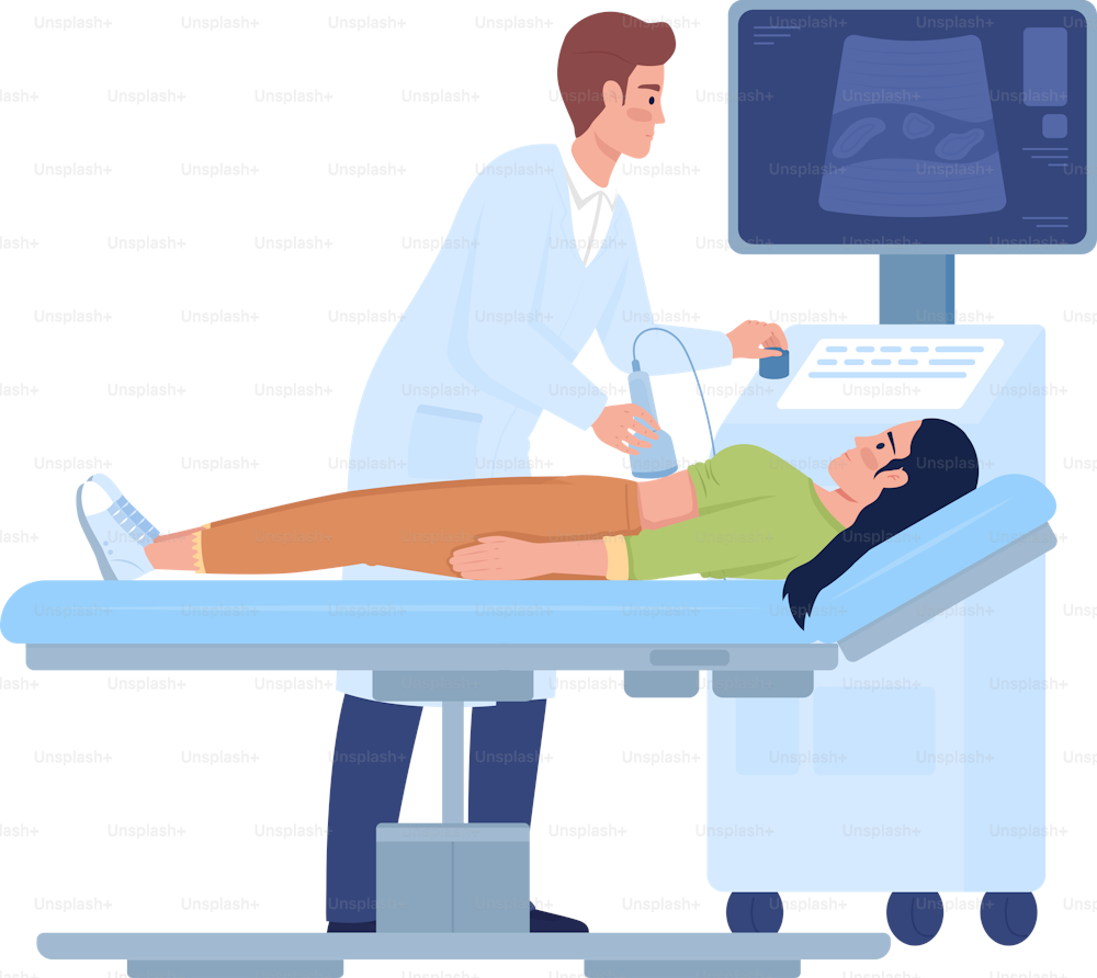 Doctor examining patient with sonography semi flat color vector characters. Editable figures. Full body people on white. Health simple cartoon style illustrations for web graphic design and animation