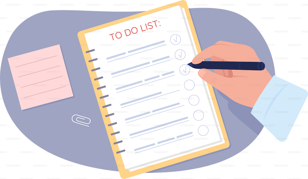 Man with to do list 2D vector isolated illustration. Tasks tracker flat first view hand on cartoon background. Colourful editable scene for mobile, website, presentation. Comfortaa Regular font used