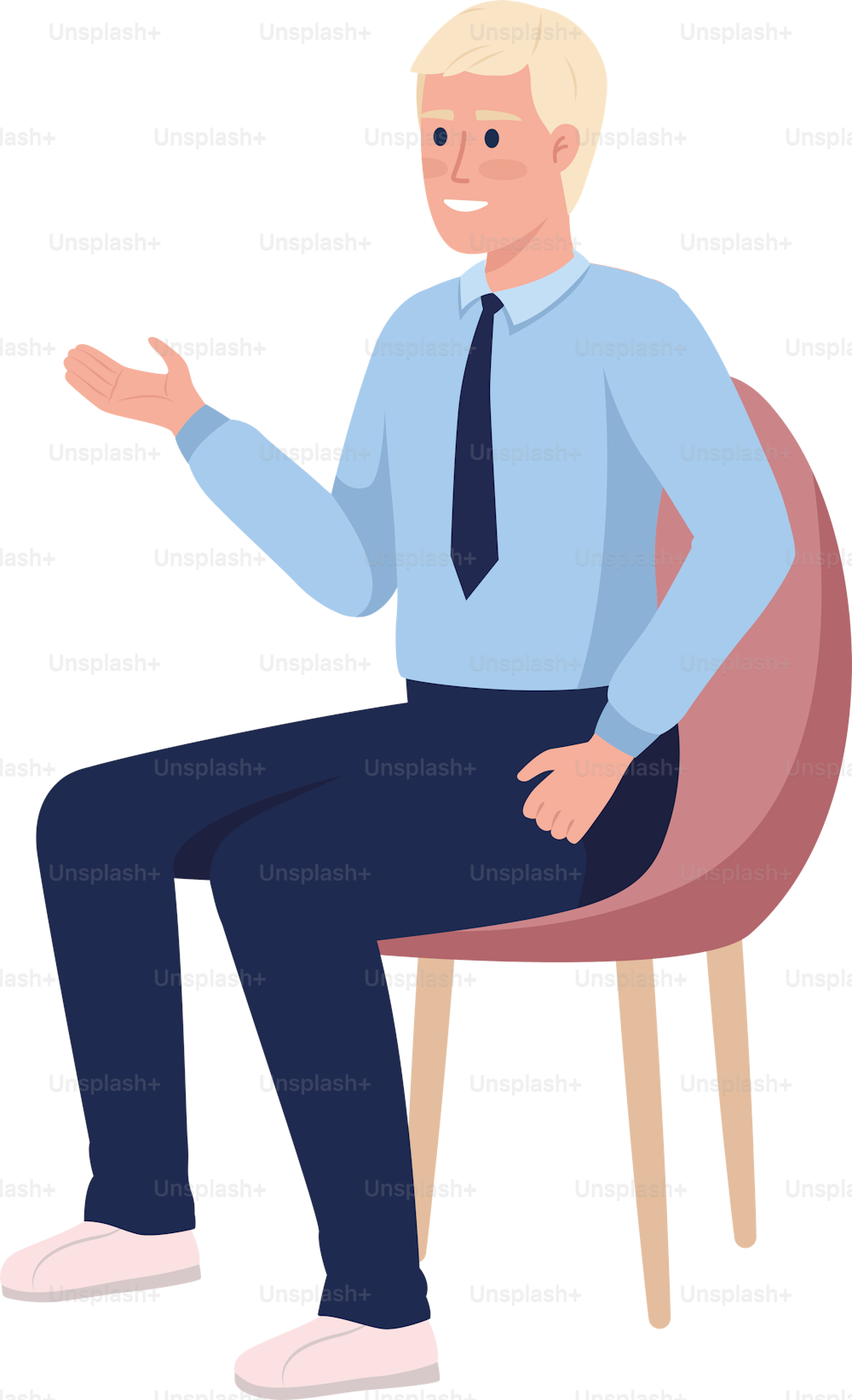 椅子に座っている従業員の半フラットカラーベクター画像文字。編集可能な図。白い背景に全身の人。ウェブグラフィックデザインとアニメーション用のオフィスのシンプルな漫画スタイルのイラスト