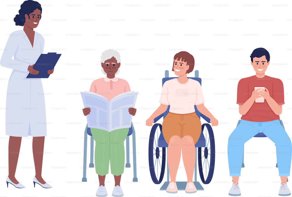Doctor and patients queue semi flat color vector characters. Editable figures. Full body people on white. Appointment simple cartoon style illustrations for web graphic design and animation