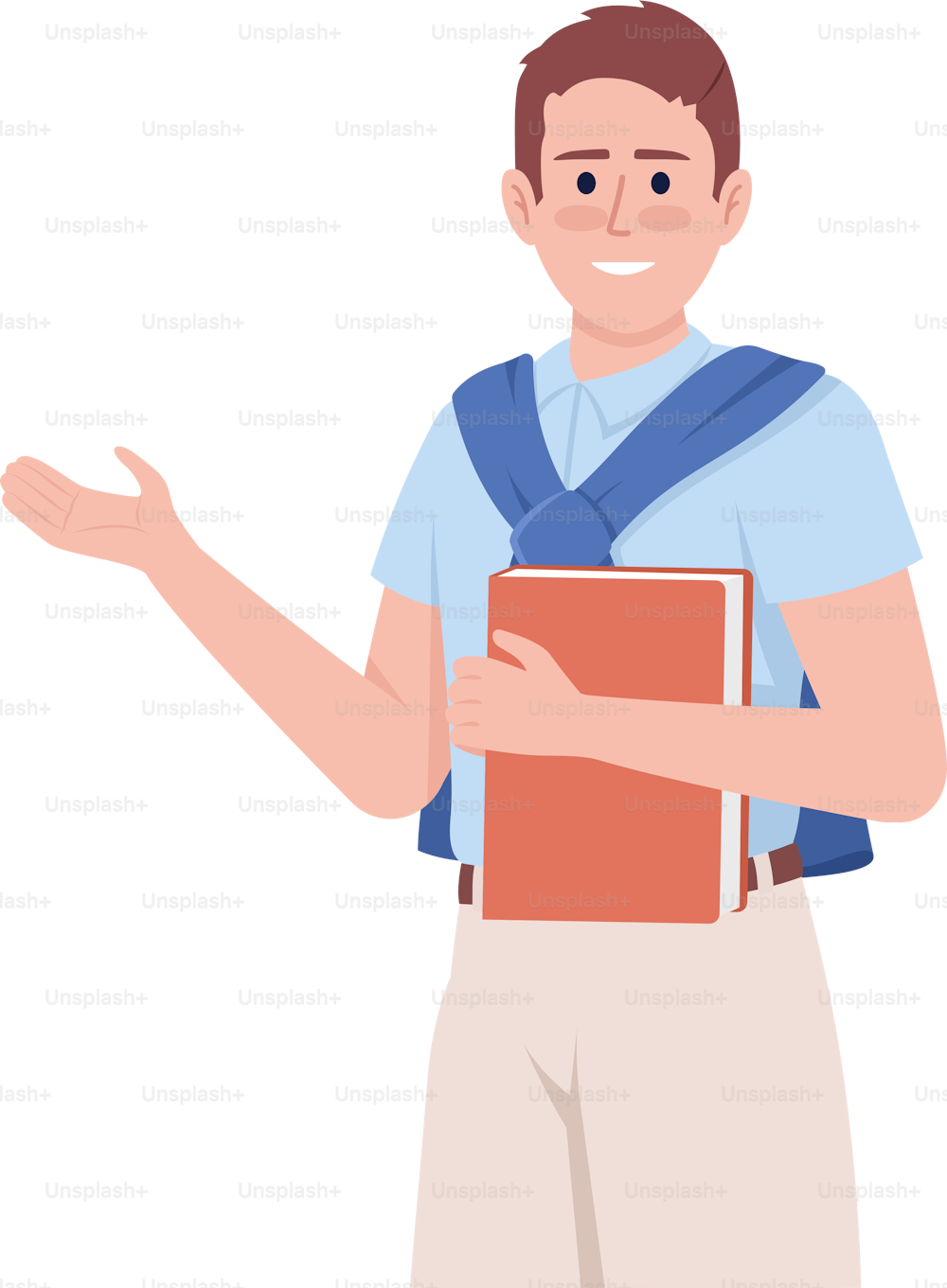 Estudiante feliz posando con un personaje vectorial de color semi plano. Figura editable. Persona de cuerpo completo sobre blanco. Estudiar ilustración simple de estilo de dibujos animados para diseño gráfico web y animación