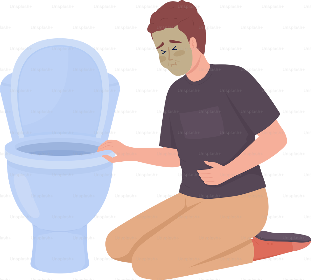 Man with nausea near toilet bowl semi flat color vector character. Editable figure. Full body person on white. Hangover simple cartoon style illustration for web graphic design and animation