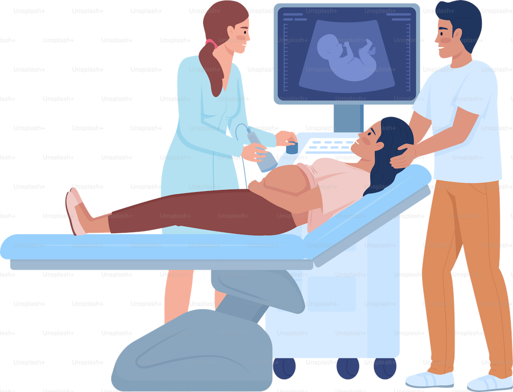Future parents at sonography semi flat color vector characters. Editable figures. Full body people on white. Medicine simple cartoon style illustrations for web graphic design and animation