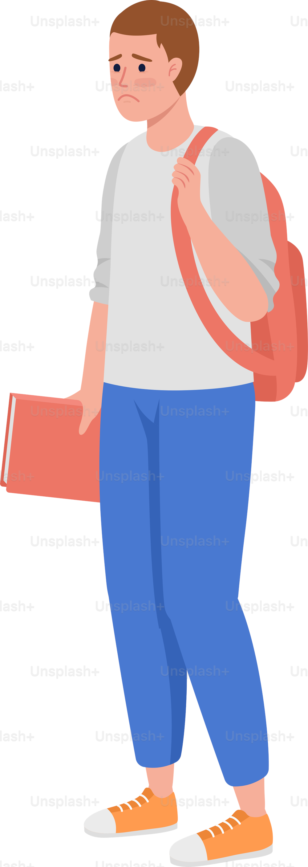 Upset student with backpack and textbook semi flat color vector character. Editable figure. Full body person on white. Education simple cartoon style illustration for web graphic design and animation