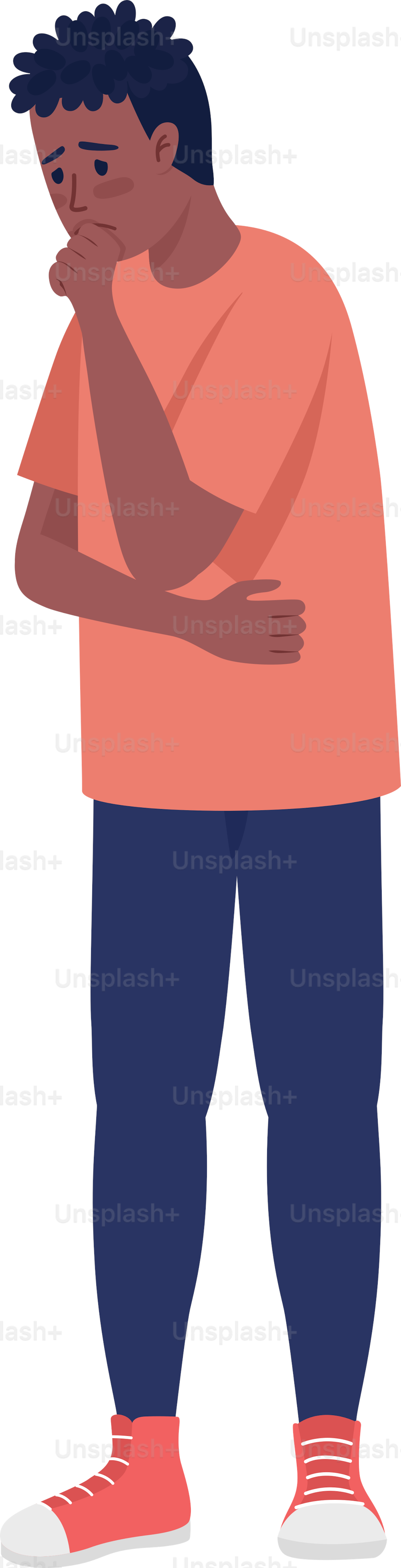 Thoughtful upset man semi flat color vector character. Editable figure. Full body person on white. Overthinking simple cartoon style illustration for web graphic design and animation