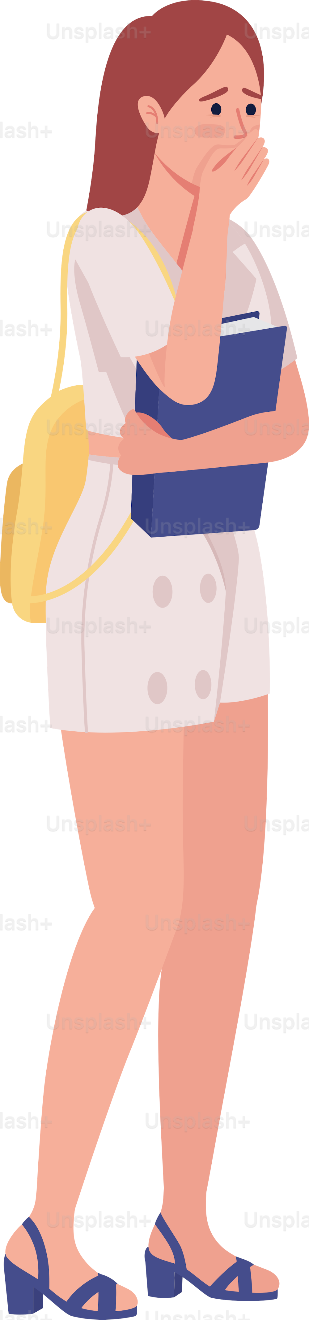 Confused woman with textbook semi flat color vector character. Editable figure. Full body person on white. Emotion simple cartoon style illustration for web graphic design and animation