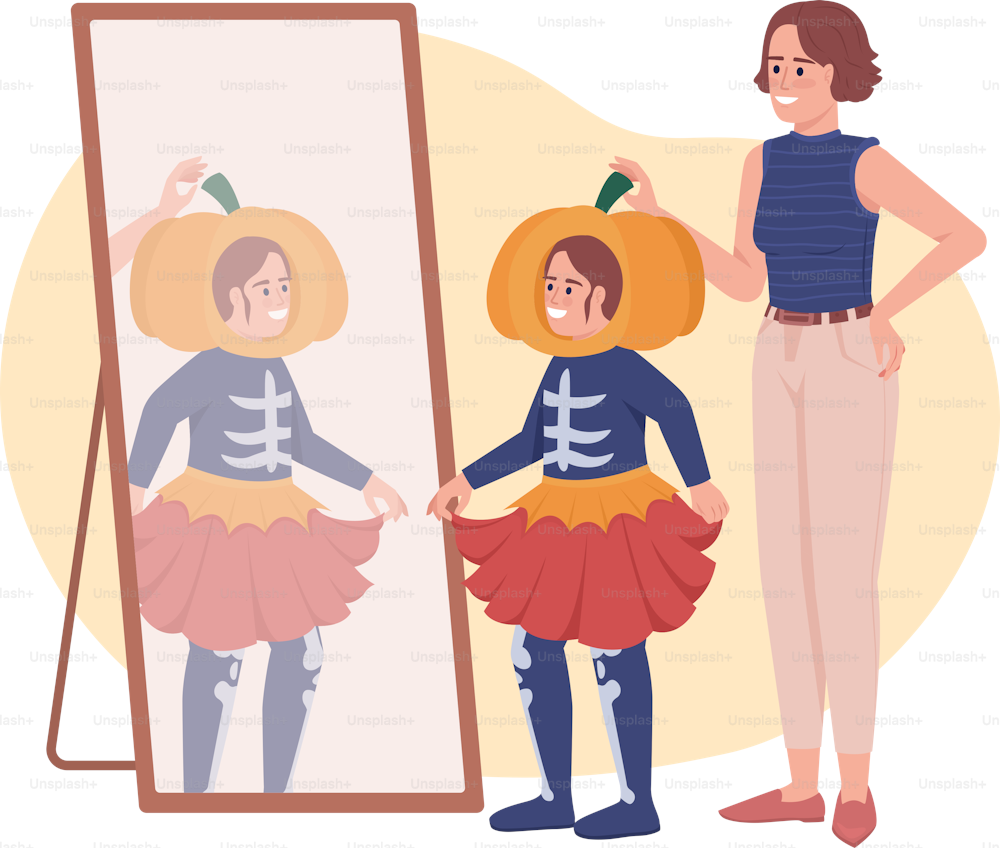 Choosing costume with mom 2D vector isolated illustration. Mother and daughter flat characters on cartoon background. Halloween preparation colourful editable scene for mobile, website, presentation