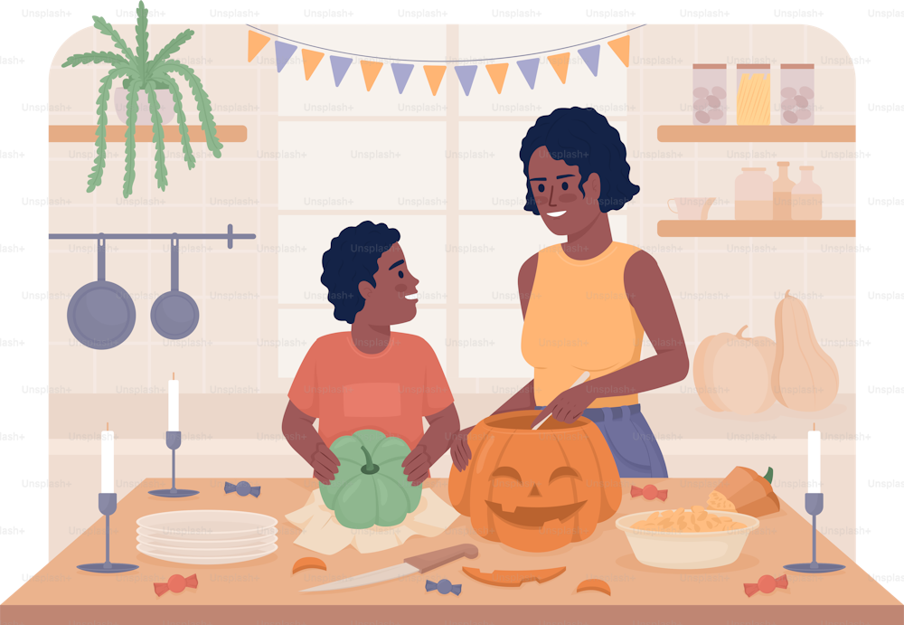 Making pumpkin lantern 2D vector isolated illustration. Mom and son interaction flat characters on cartoon background. Halloween preparation colourful editable scene for mobile, website, presentation