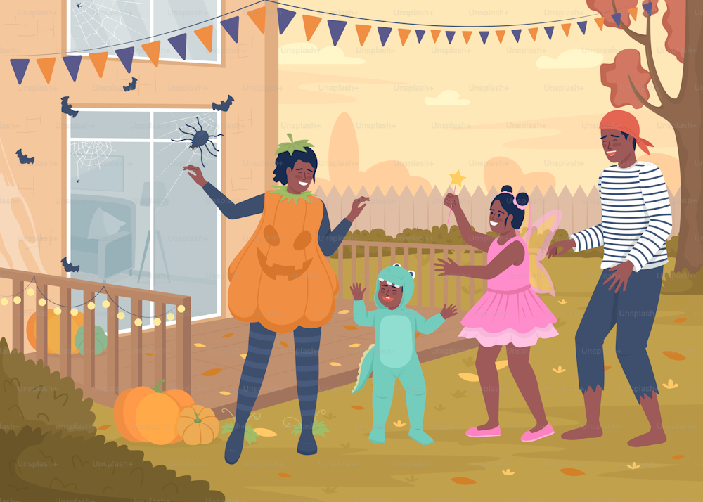 Familienmitglieder in Kostümen flache Farbe Vektorillustration. Halloween-Party im Hinterhof. Gruselige Maskerade. Vollständig editierbare einfache 2D-Zeichentrickfiguren mit Dekorationen auf dem Hintergrund