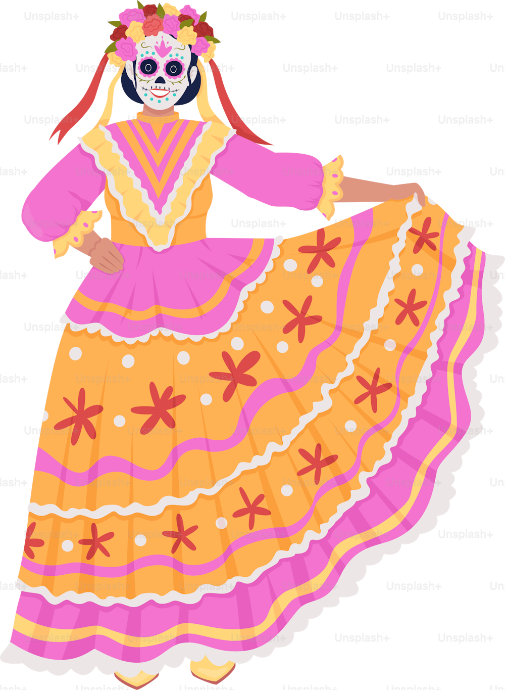 Costume messicano femminile carattere vettore di colore semi piatto. Figura modificabile. Persone a corpo intero su bianco. Masquerade semplice illustrazione in stile fumetto per web graphic design e animazione