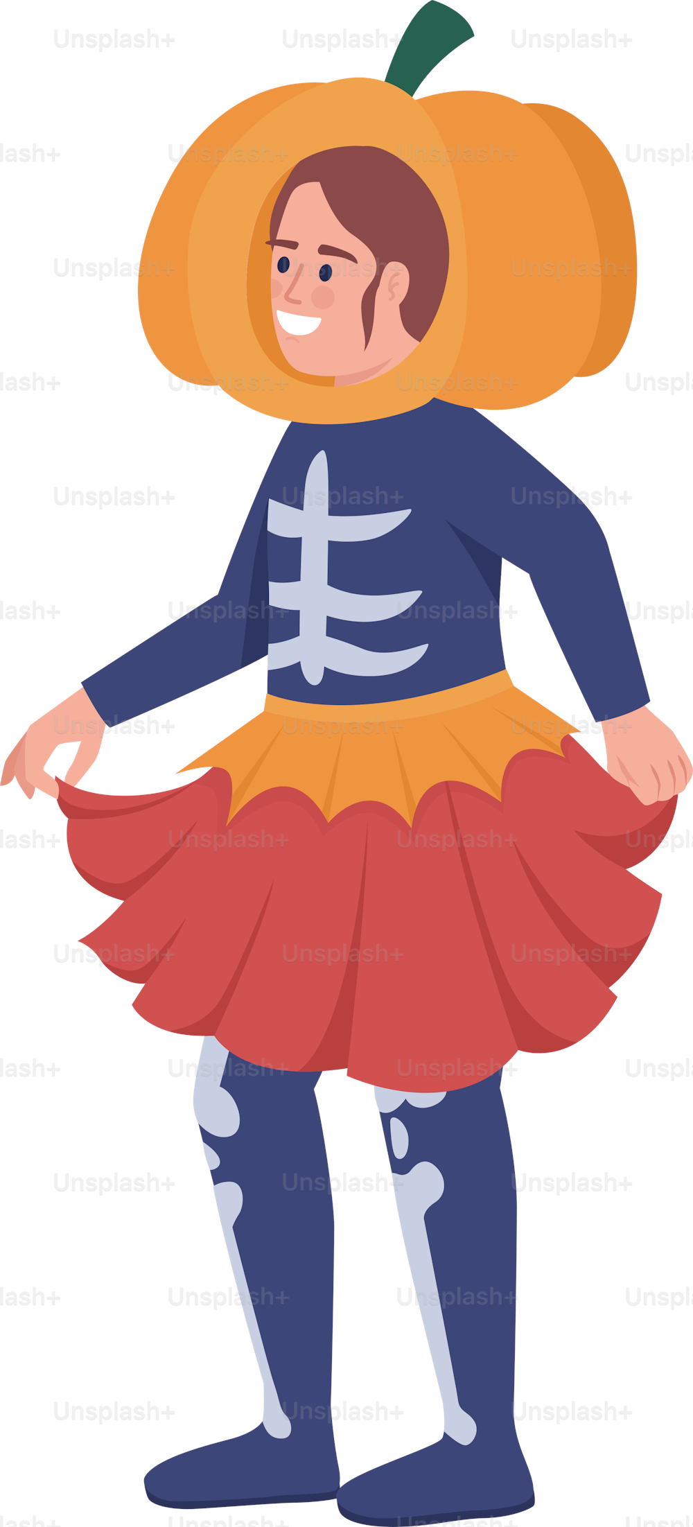 Halloween costume for girl semi flat color vector character. Editable figure. Full body person on white. Pumpkin skeleton simple cartoon style illustration for web graphic design and animation