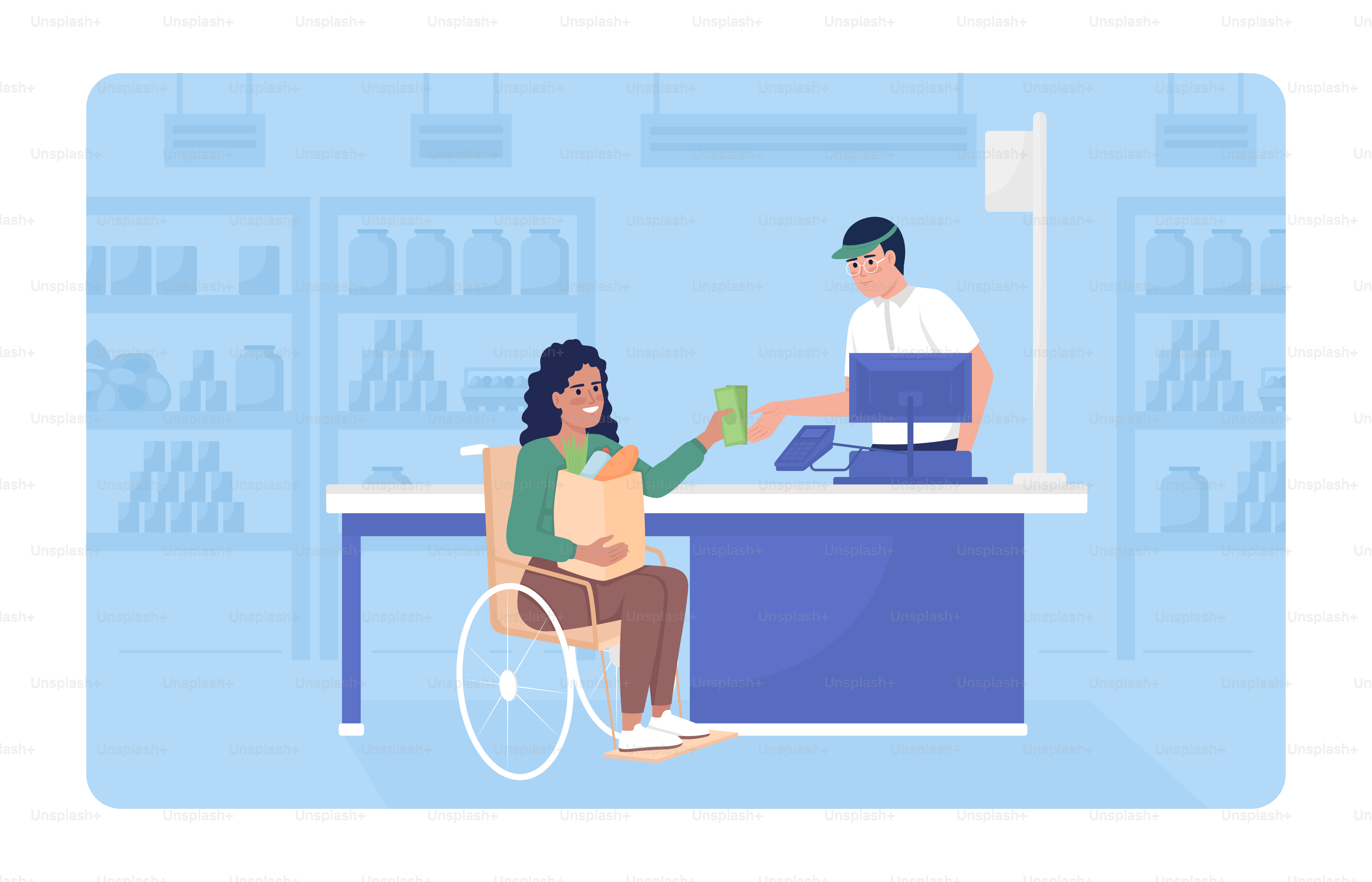 Pessoa com deficiência no supermercado ilustração isolada vetorial 2D. Comprar produtos alimentares personagens planos no fundo dos desenhos animados. Rotina diária de cena editável colorida para celular, site, apresentação