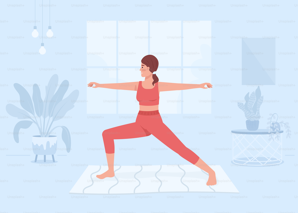 Woman practicing yoga at home flat color vector illustration. Sports activity. Exercises for body and mind. Fully editable 2D simple cartoon character with domestic interior on background