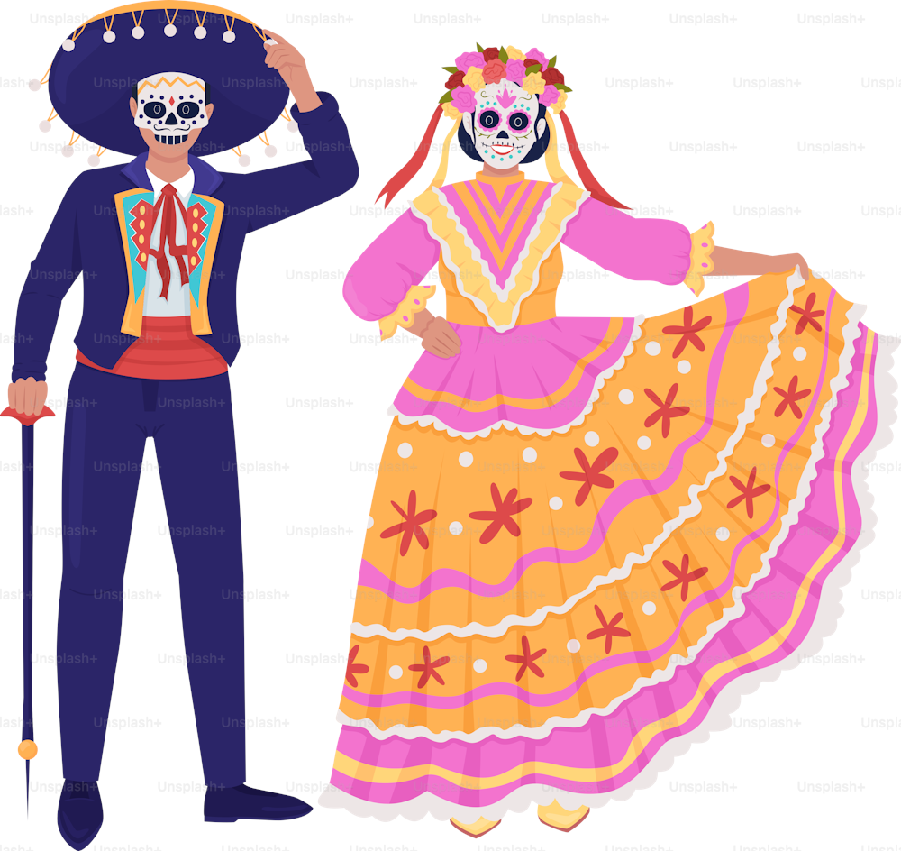 Costumes traditionnels mexicains semi plats couleur vectorielle personnages. Figures modifiables. Personnes du corps entier sur blanc. Mort de mort simple illustration de style dessin animé pour la conception graphique Web et l’animation
