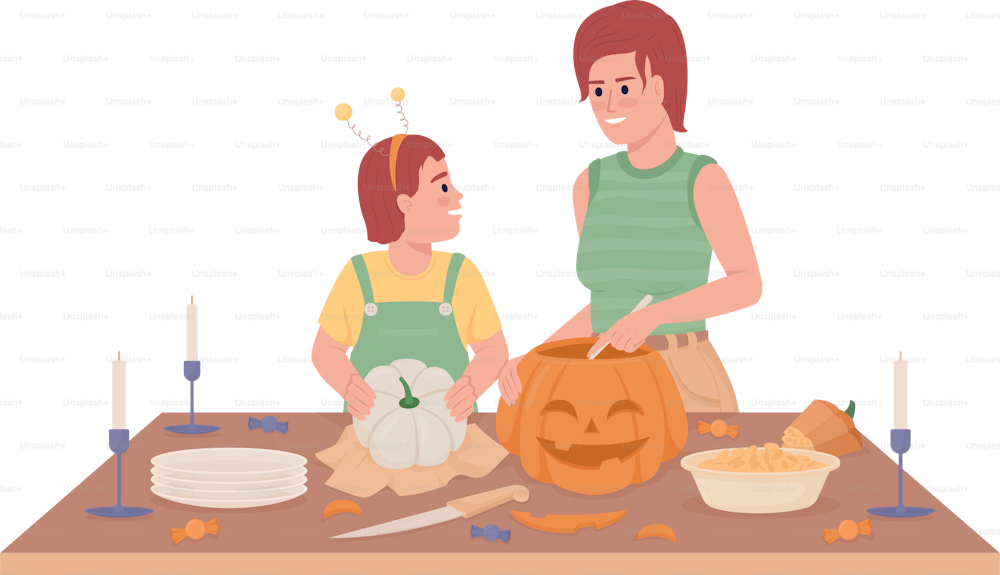 Making pumpkin decoration semi flat color vector characters. Editable figures. Full body people on white. Halloween preparations simple cartoon style illustration for web graphic design and animation