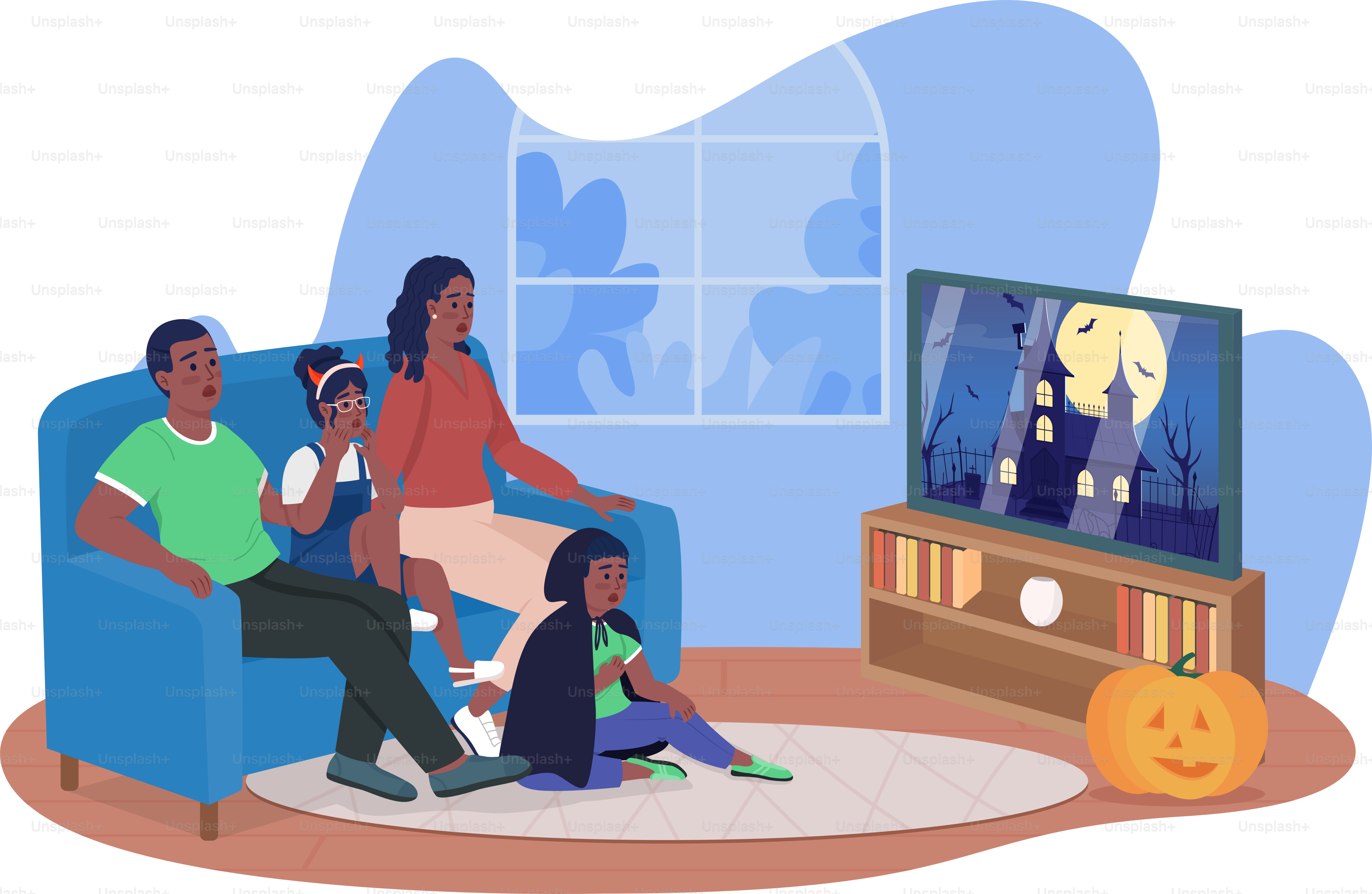 Serata del film horror di famiglia sull'illustrazione isolata del vettore 2D di Halloween. Genitori e figli personaggi piatti sullo sfondo dei cartoni animati. Spaventosa scena colorata modificabile per cellulare, sito web, presentazione