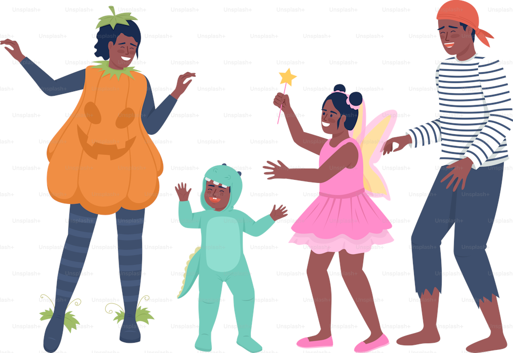 Family members interaction semi flat color vector characters. Editable figures. Full body people on white. Halloween masquerade simple cartoon style illustration for web graphic design and animation