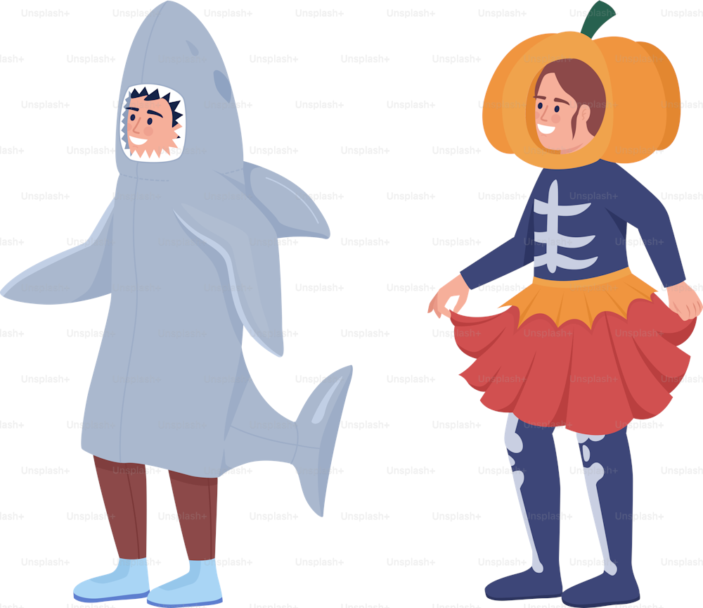 Kids costumes semi flat color vector character set. Editable figures. Full body people on white. Halloween simple cartoon style illustrations collection for web graphic design and animation
