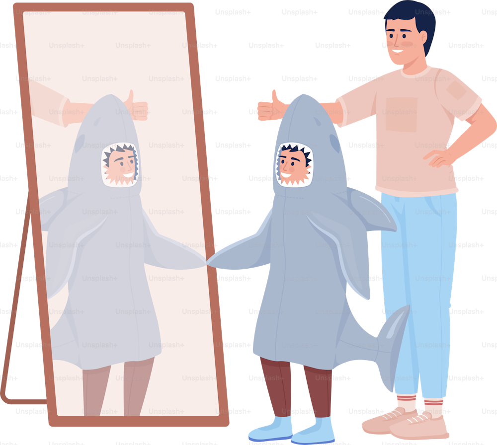 Costume fitting semi flat color vector characters. Editable figures. Full body people on white. Father and son choosing costume simple cartoon style illustration for web graphic design and animation