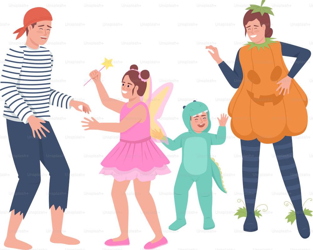Family members having fun semi flat color vector characters. Editable figures. Full body people on white. Halloween masquerade simple cartoon style illustration for web graphic design and animation