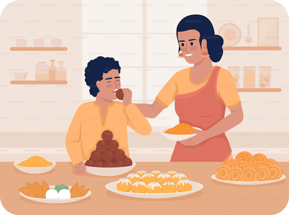 Eating sweets during Diwali 2D vector isolated illustration. Mother treating son with snacks flat characters on cartoon background. Colourful editable scene for mobile, website, presentation