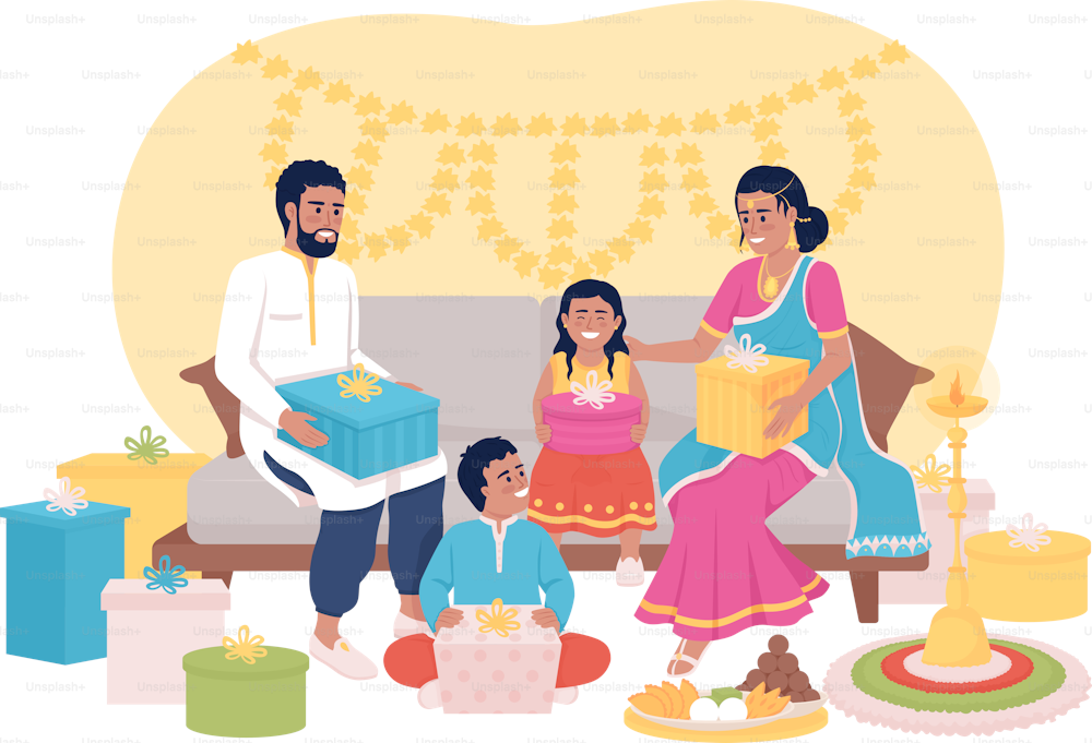 Austausch von Geschenken Tradition auf Diwali 2D Vektor isolierte Illustration. Feiern Sie Deepavali mit Familien-Flat-Charakteren auf Cartoon-Hintergrund. Bunte editierbare Szene für Handy, Website, Präsentation