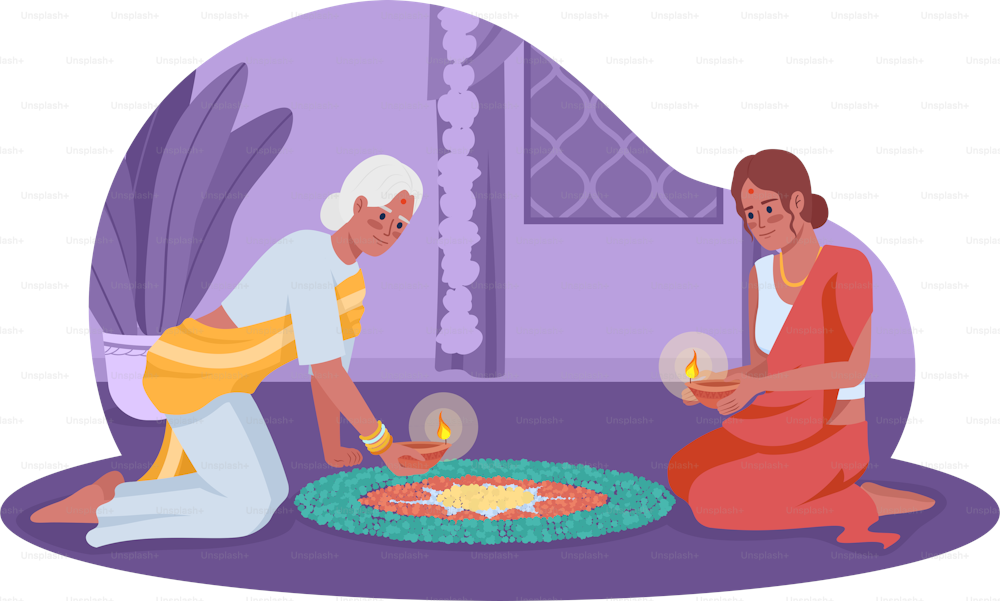 Frauen mit Öllampen feiern Diwali 2D-Vektor isolierte Illustration. Indische Ferienwohnungsfiguren auf Cartoon-Hintergrund. Fest bunte editierbare Szene für Handy, Website, Präsentation
