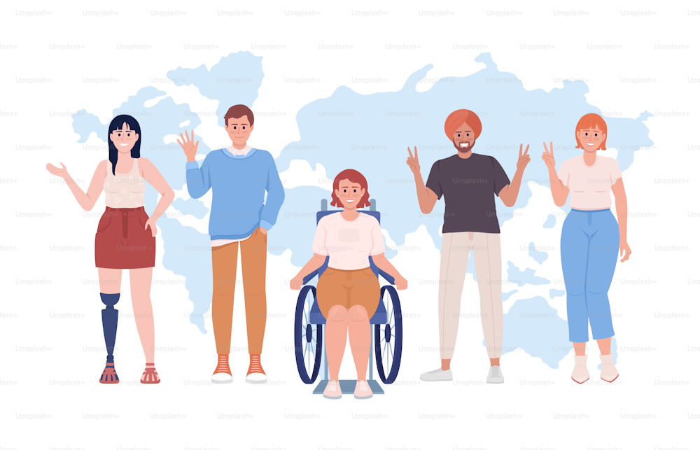 Diversity 2D vector isolated illustration. Social inclusion flat characters on world map background. Happy people all over world colourful editable scene for mobile, website, presentation