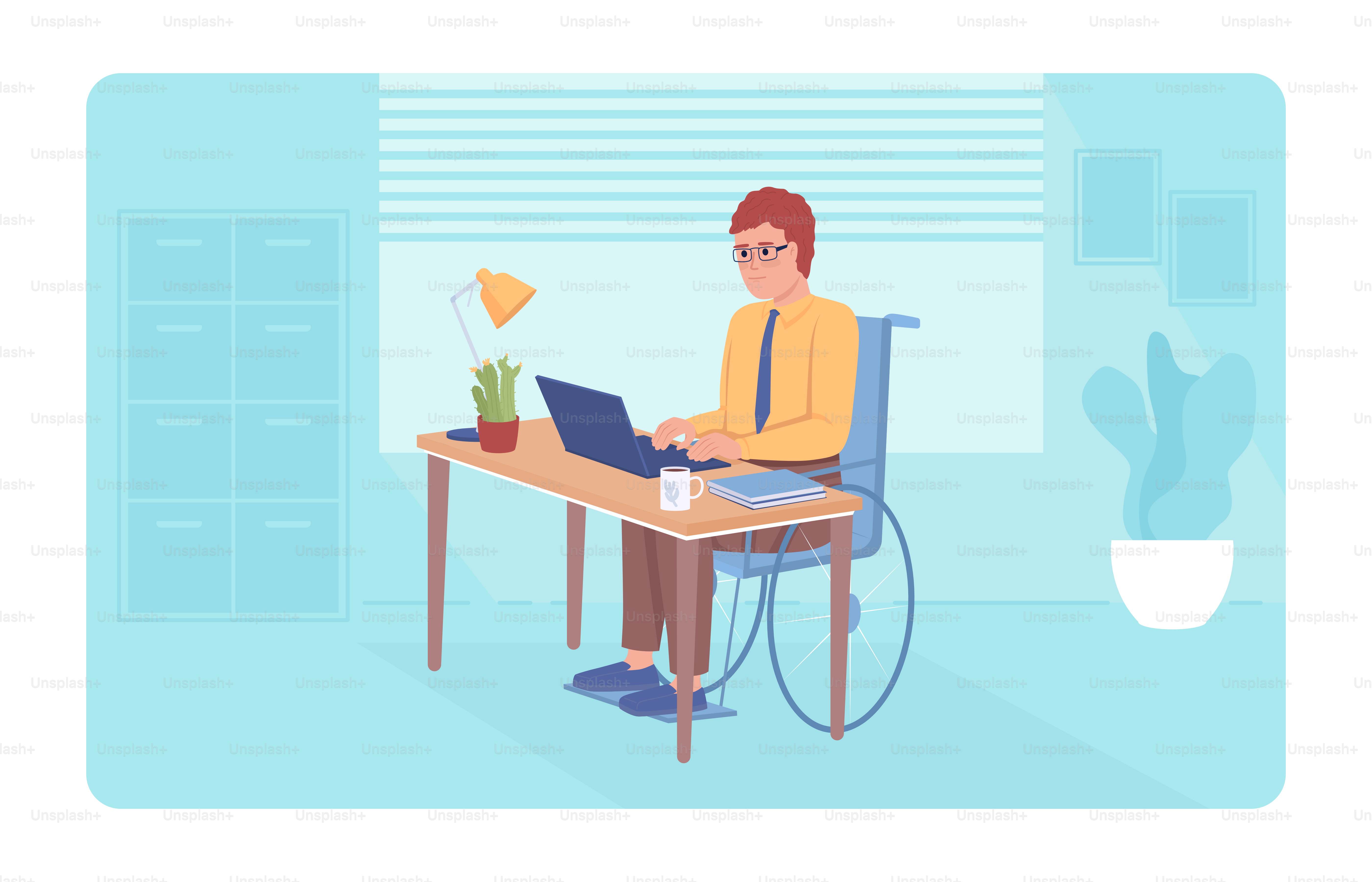 Pessoa com deficiência no escritório Ilustração vetorial isolada 2D. Trabalhar com personagem plano em fundo de desenho animado. Conveniência no ambiente de trabalho cena colorida editável para celular, site, apresentação