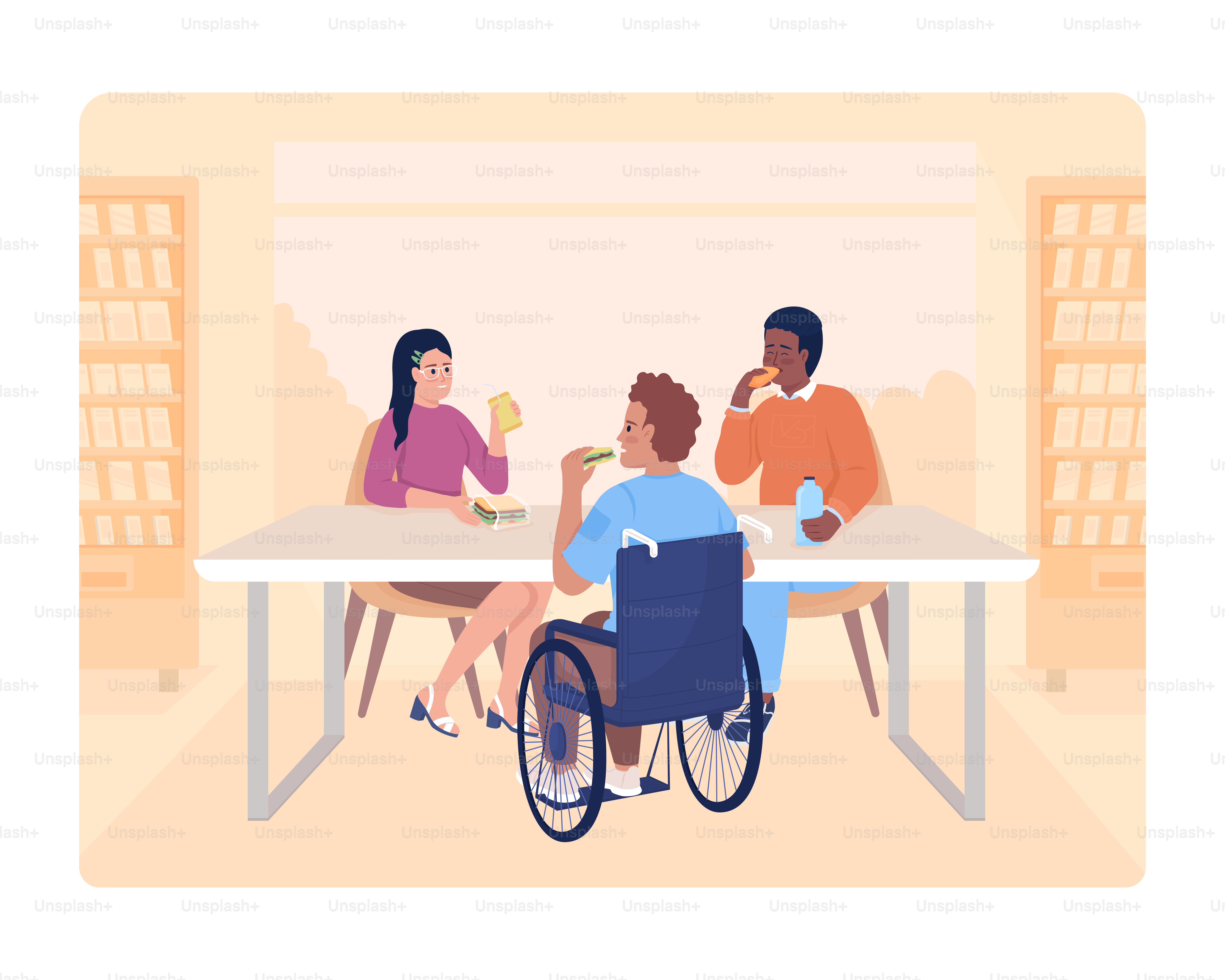 Conversando com amigos ilustração vetorial isolada 2D. Jantando em um refeitório com personagens, com fundo de desenho animado. Alunos falando cenas coloridas e editáveis para celular, site, apresentação