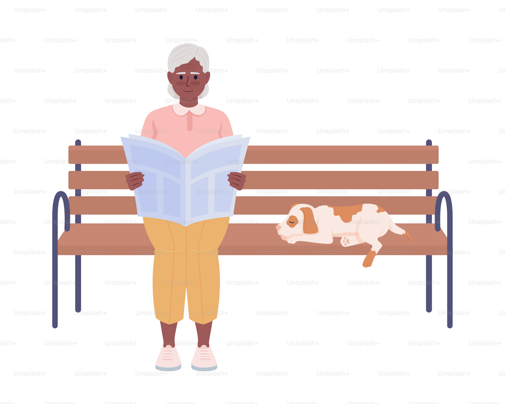 Lady and her dog sitting on bench semi flat color vector characters. Editable figure. Full body person on white. Leisure time simple cartoon style illustration for web graphic design and animation