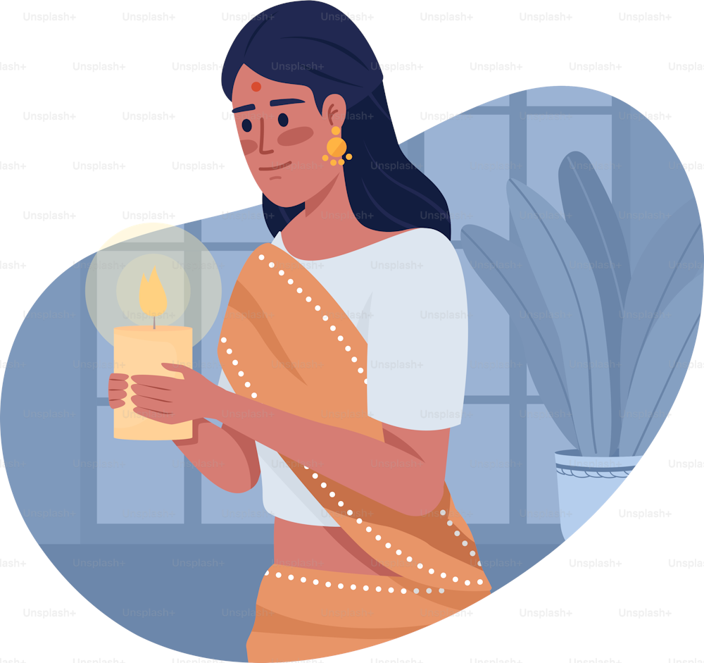 Woman with candle celebrating Diwali 2D vector isolated illustration. Traditional holiday flat character on cartoon background. Indian fest colourful editable scene for mobile, website, presentation