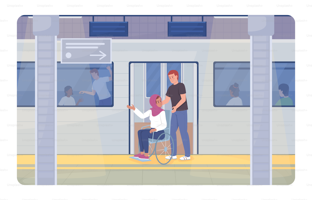 Disabled person in underground 2D vector isolated illustration. Man offering support flat characters on cartoon background. Commuting colourful editable scene for mobile, website, presentation