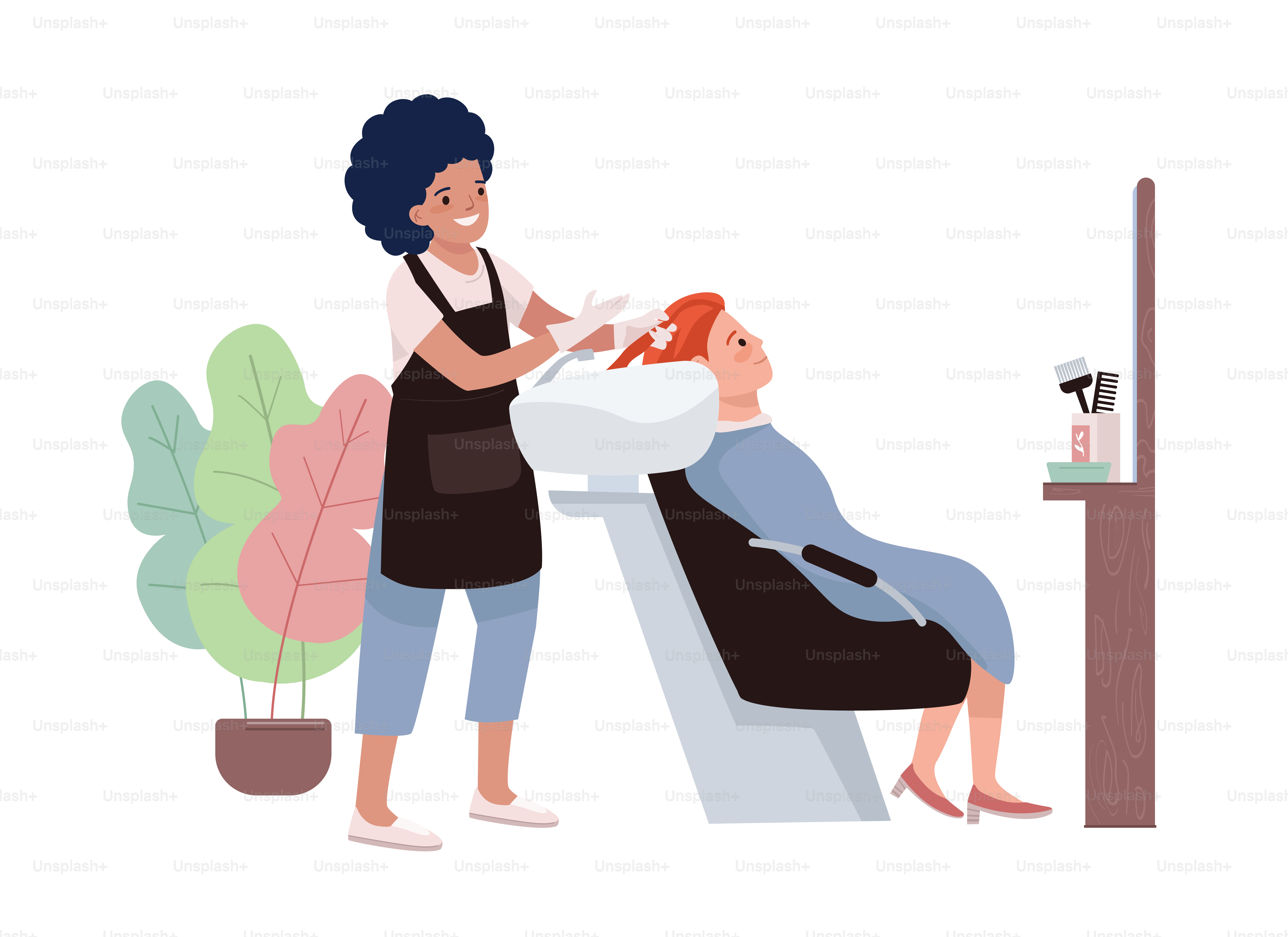 Friseursalon-Verfahren 2D-Vektor-isolierte Illustration. Friseur wäscht Kundenhaare, flache Charaktere auf einem Cartoon-Hintergrund. Beauty-Service farbige, editierbare Szene für Mobilgeräte, Website, Präsentation