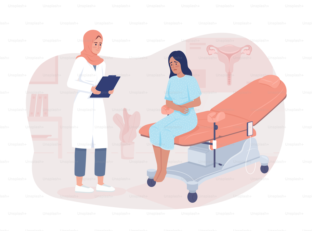 Patient at gynecologist appointment 2D vector isolated illustration. Healthcare flat characters on cartoon background. Women health colourful editable scene for mobile, website, presentation