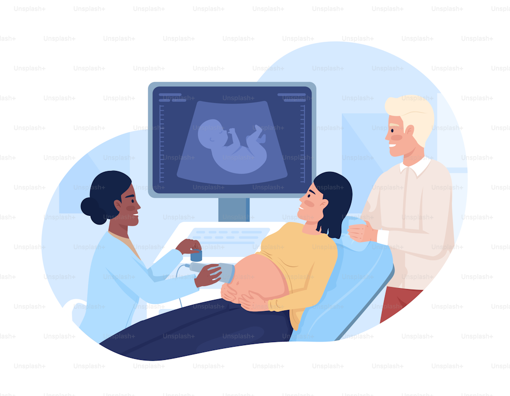 Couple at baby ultrasound scan 2D vector isolated illustration. Prenatal care flat characters on cartoon background. Healthcare colourful editable scene for mobile, website, presentation